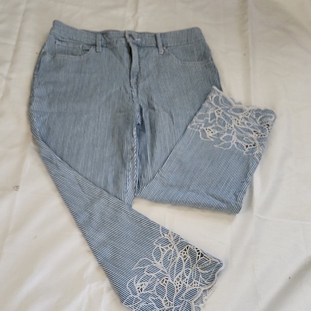 Chico's Blue and White Ankle Cropped Jeans with Distressed Details